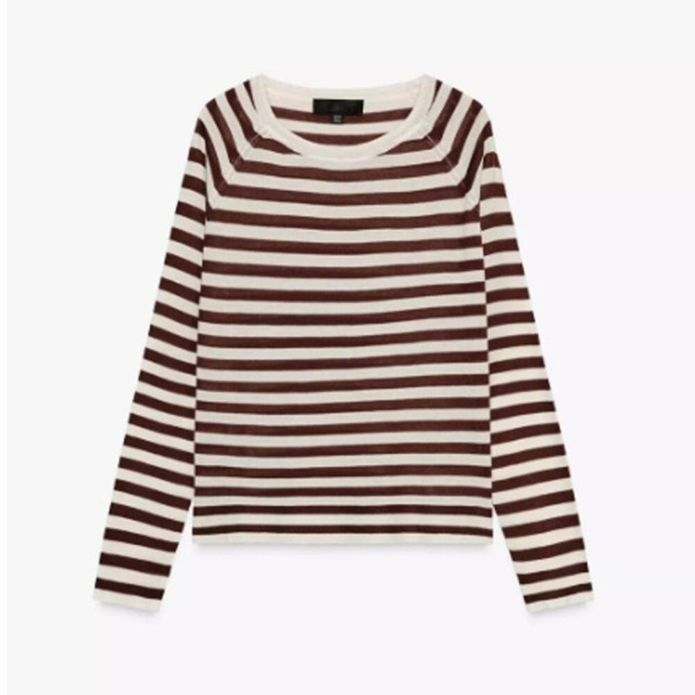 ZARA Striped Fine Knit Sweater Brown and White Long Sleeve Women's S